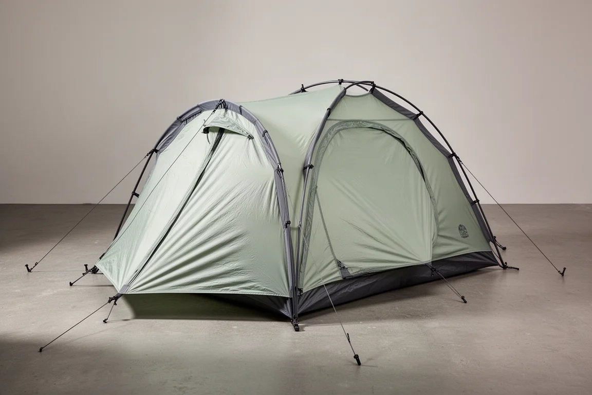 Tenda da backpacking da due posti verde pallido montata su una superficie in cemento con luce da studio soffusa
