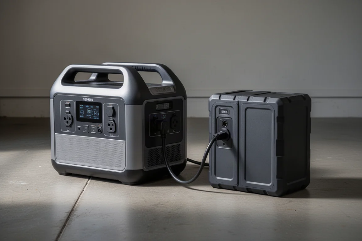 Zwei Powerstation-Einheiten auf einem Garageboden aufgereiht und per Kabel verbunden