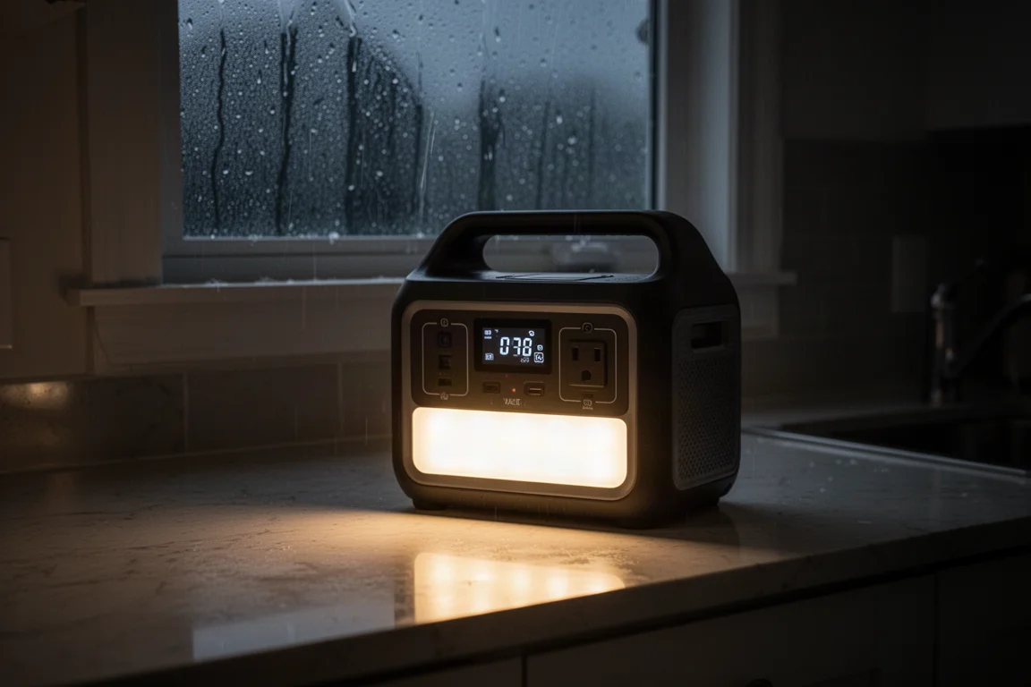 Laternenlicht einer Powerstation leuchtet in einer dunklen Küche während eines Sturms