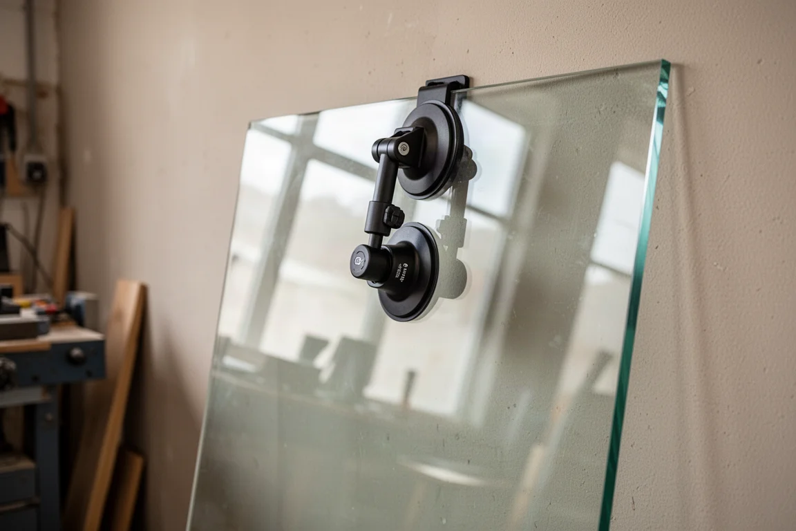 Saugheber hält eine schwere Glasscheibe in einer Werkstatt