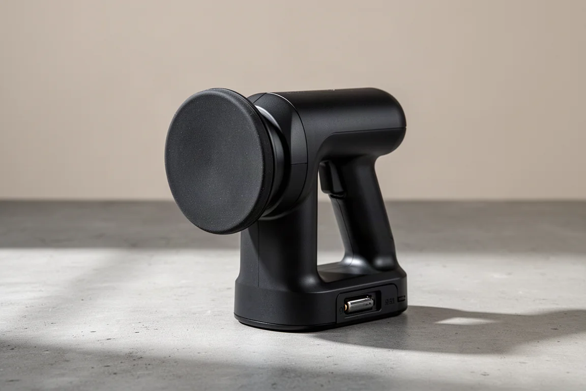 Compact black electric suction cup lifter with rubber pad on concrete surface