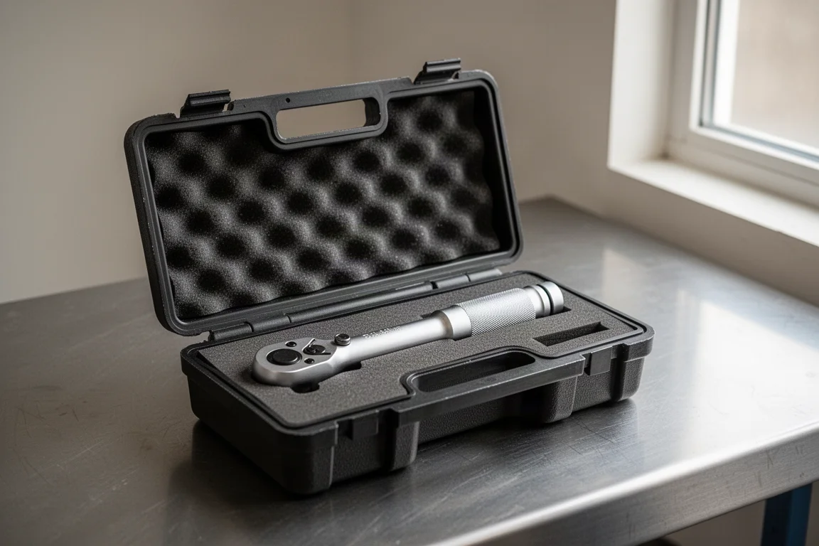 Clé dynamométrique d'un demi-pouce rangée dans un coffret de transport rigide