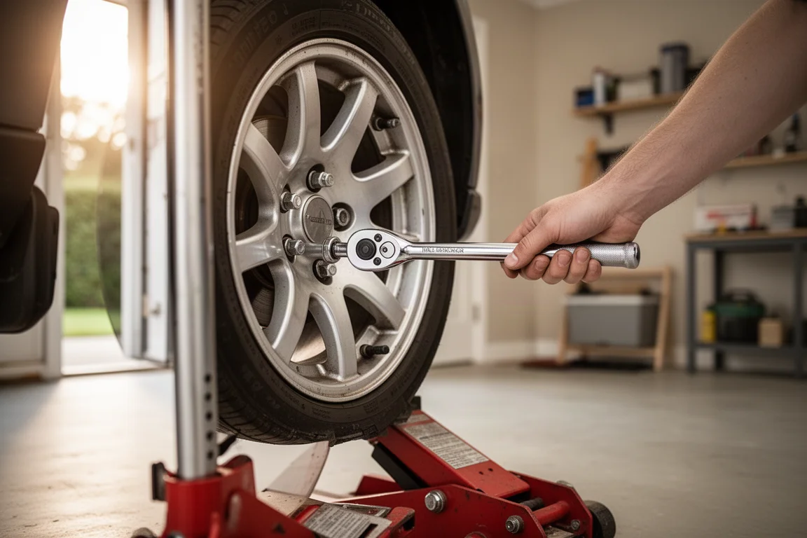 Écrous de roue serrés avec une clé dynamométrique sur une roue de voiture