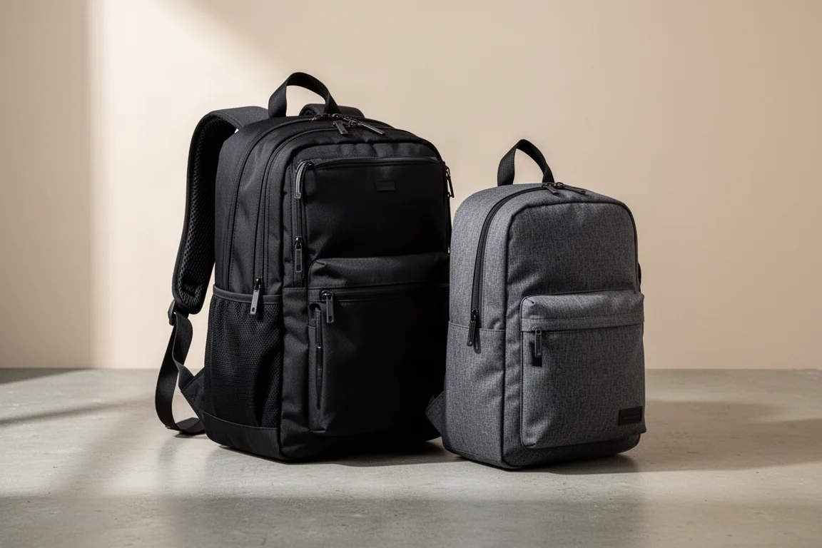Vanquest Addax 25 與 Addax 18 背包並排站立於水泥地面上
