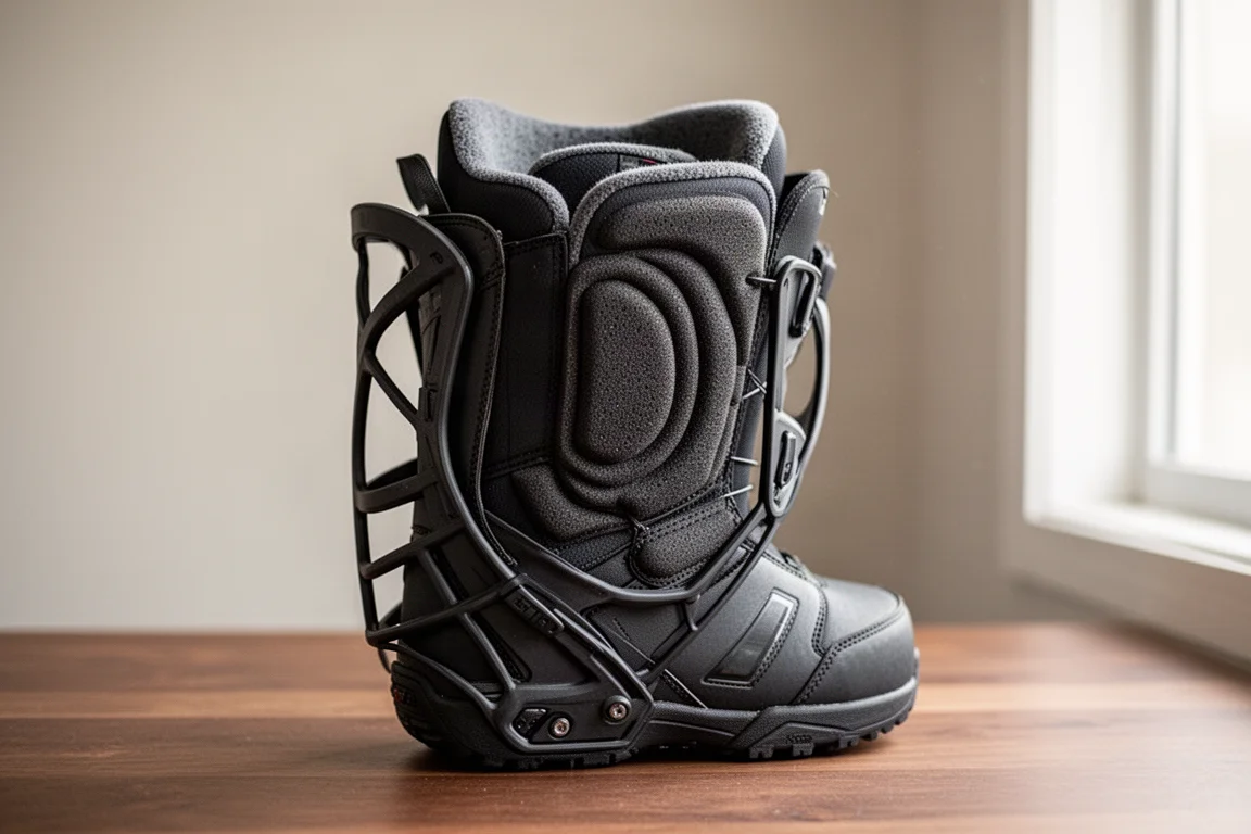 Close-up of a snowboard boot liner with padding around the ankle