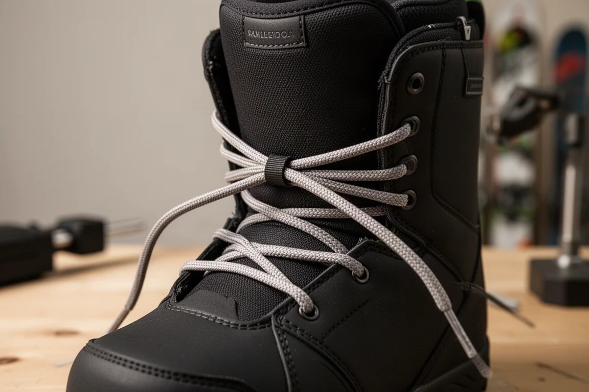 Hands tightening the laces on a snowboard boot