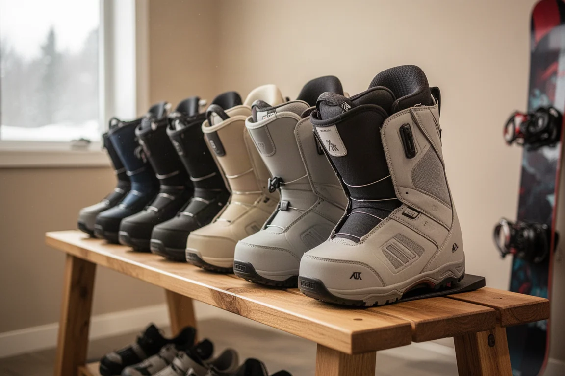 Snowboard boots lined up on a shop floor during a fitting
