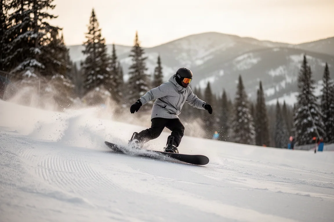 Snowboarder carving on a groomed slope in soft afternoon light