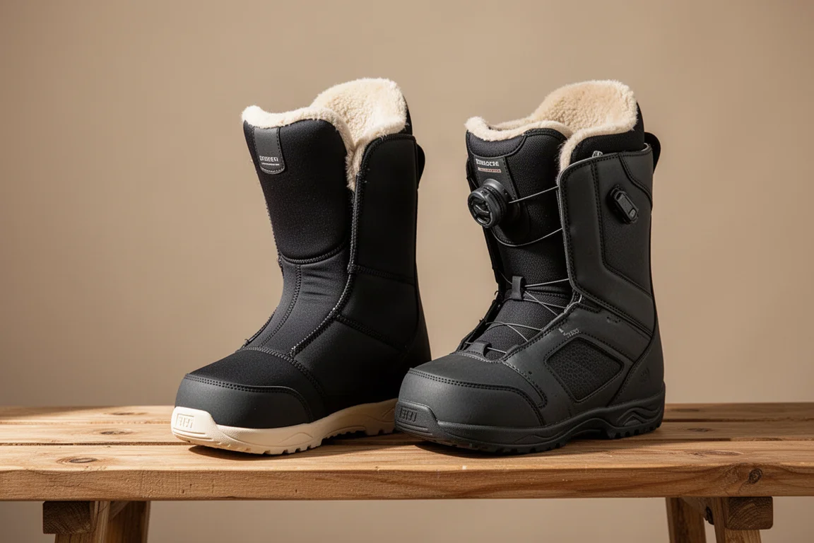 Wnętrze buta snowboardowego z neoprenowym przodostopiem i futrzanym ociepleniem wyjęte ze skorupy