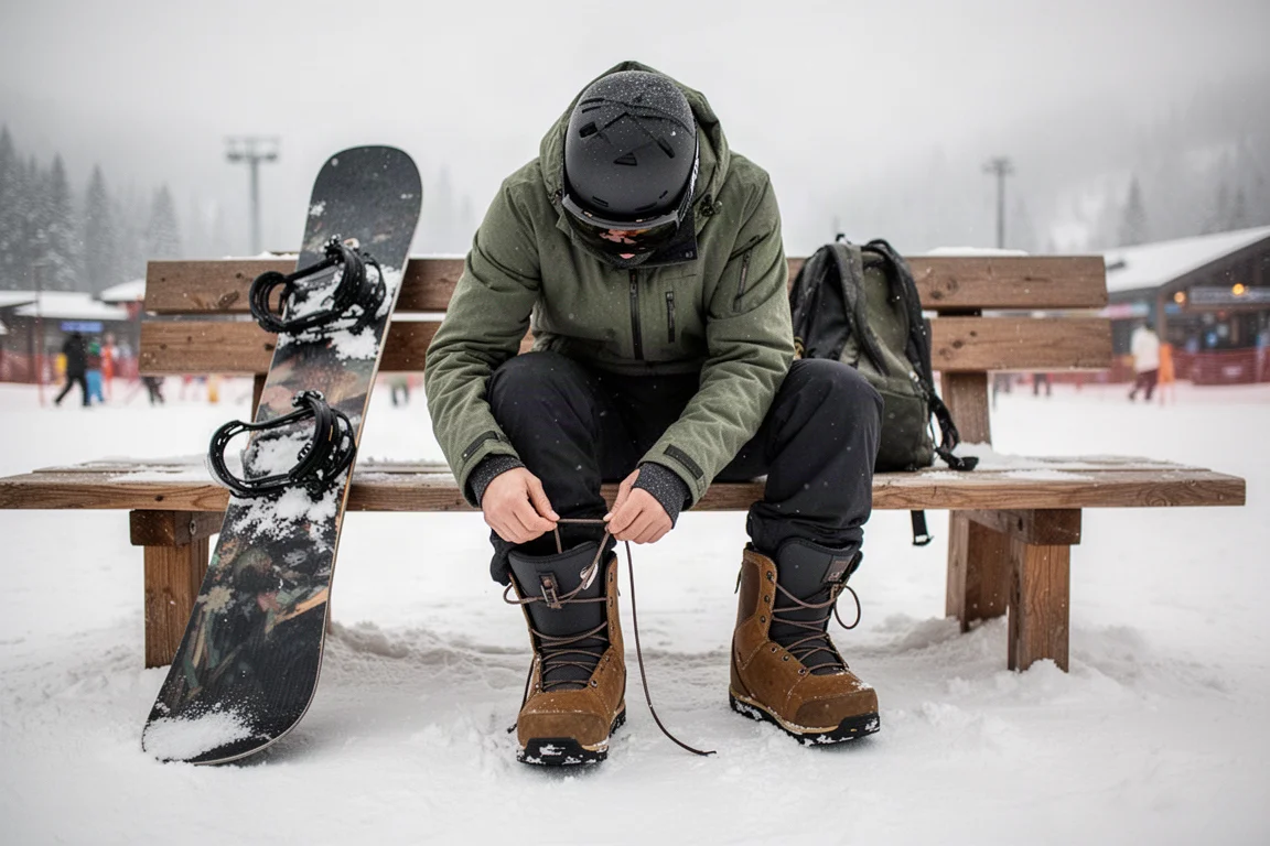 Snowboardzista regulujący buty na ławce w dolnej stacji ośnieżonego ośrodka