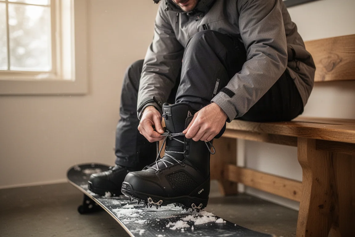 Snowboarder traditionelle Schnürsenkel an einem Boot in verschneiter Hütte einstellend