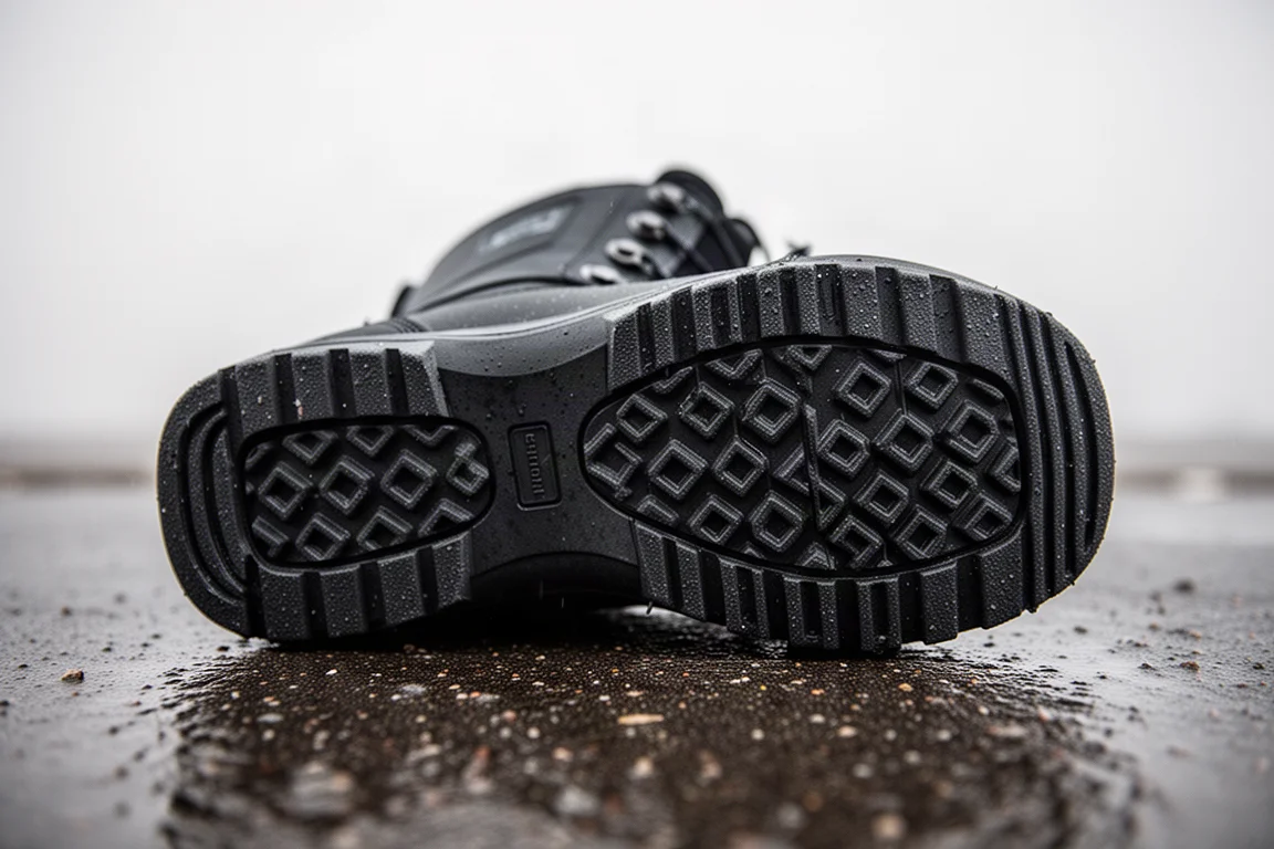 Nahaufnahme des Sohlenprofils eines Snowboard-Boots auf nassem Asphalt