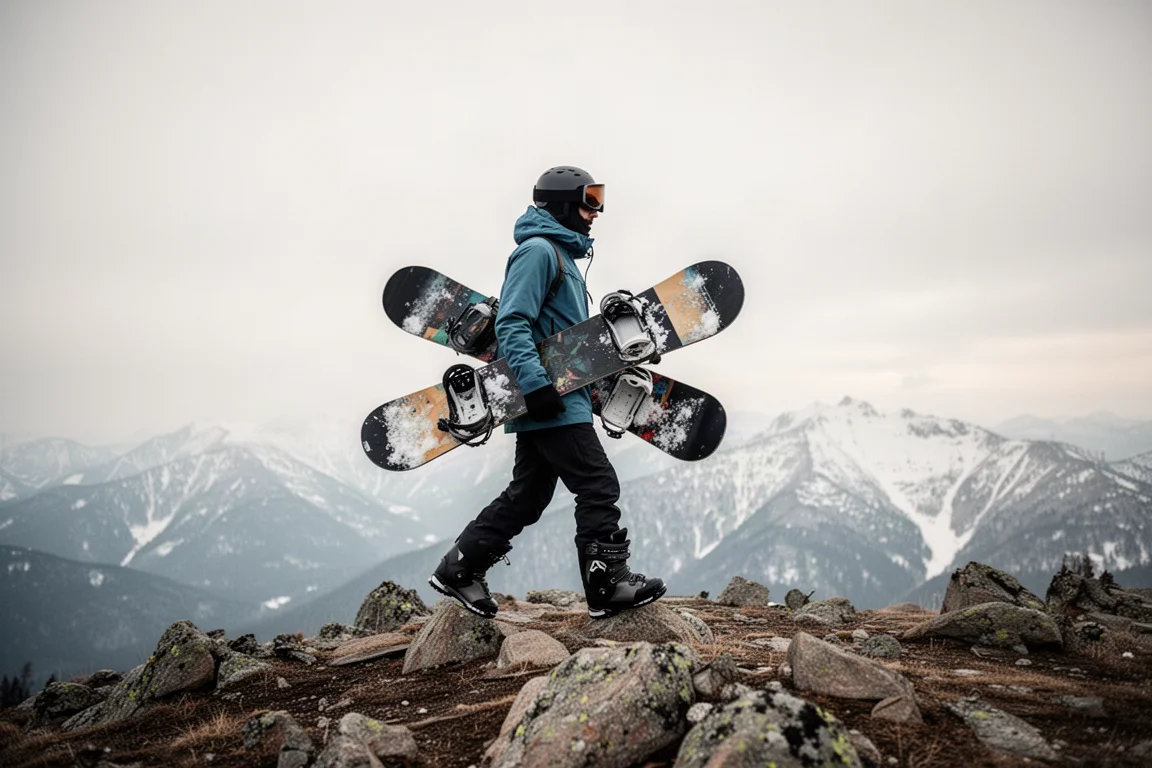 Snowboarder wandert über felsiges Gelände in Snowboard-Boots