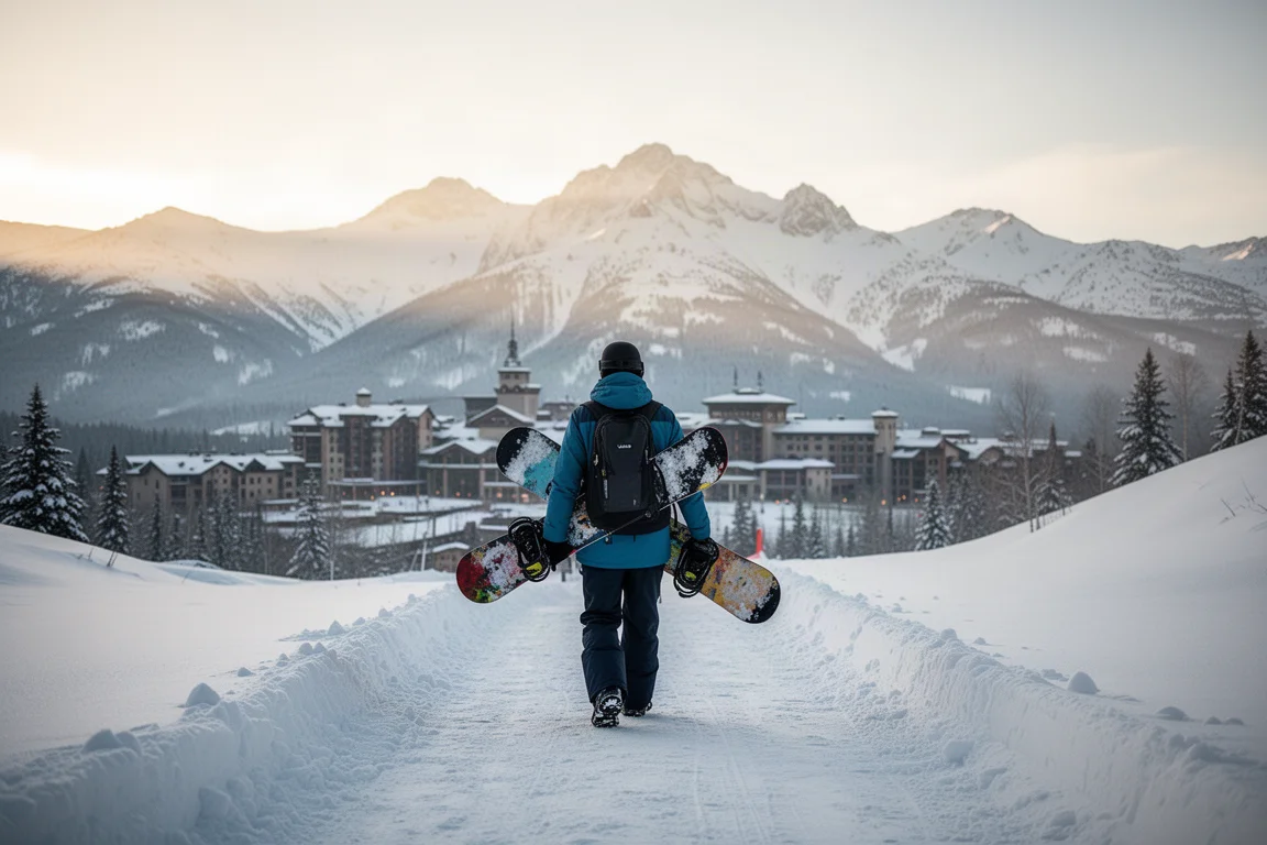 Snowboarder walking a snowy path toward the mountain in the early morning