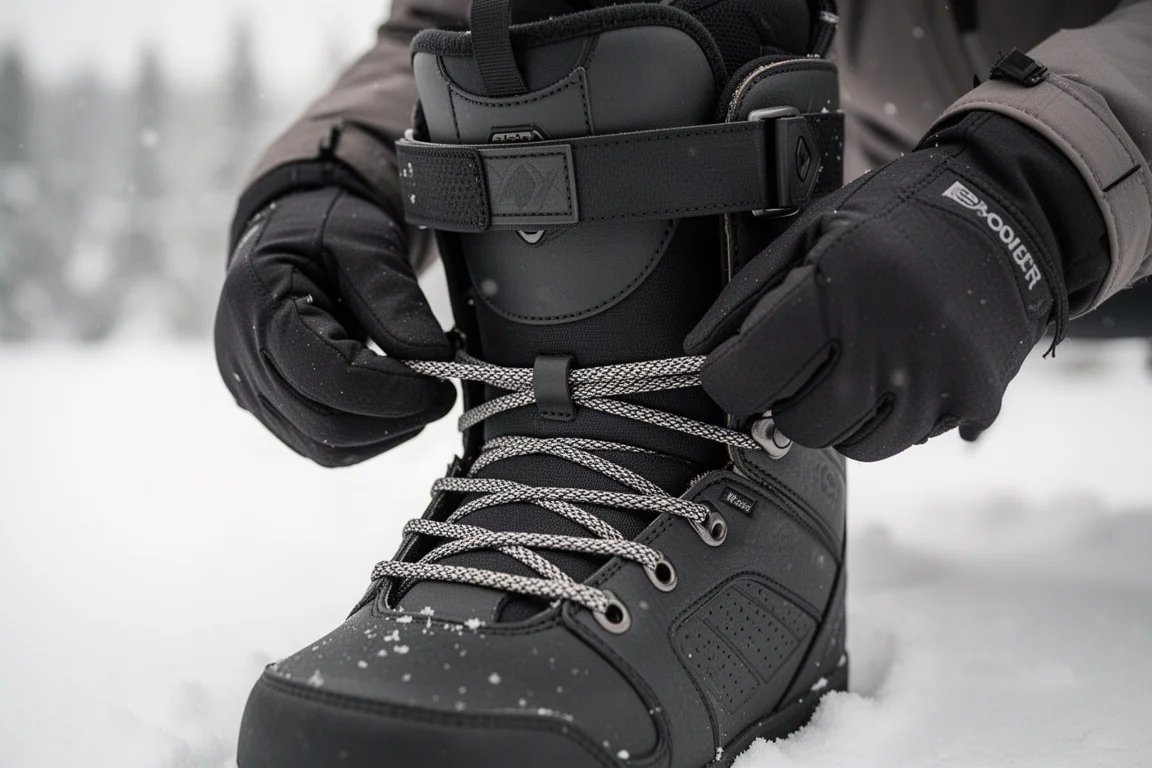 Close-up of gloved hands tightening traditional laces on a snowboard boot