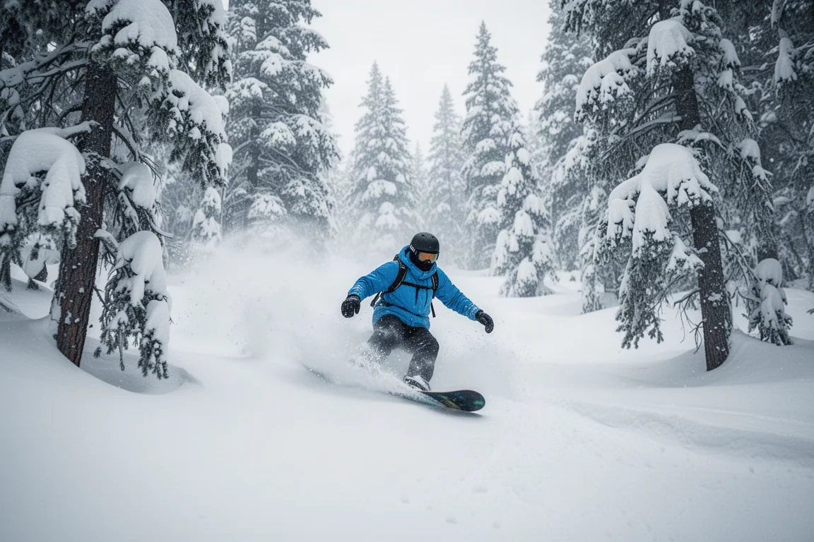 Snowboarder riding through mellow tree runs on fresh snow