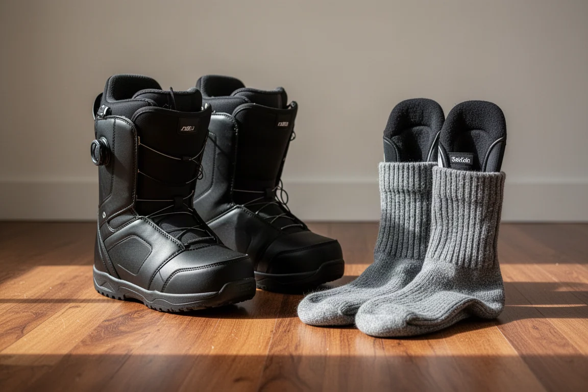 Snowboard boots lined up on a wooden floor next to snowboard socks
