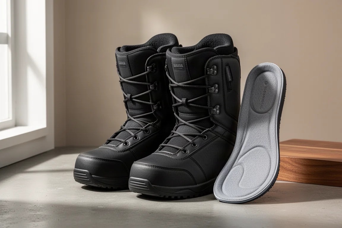 Pair of black lace-up snowboard boots with liner and insole on concrete surface