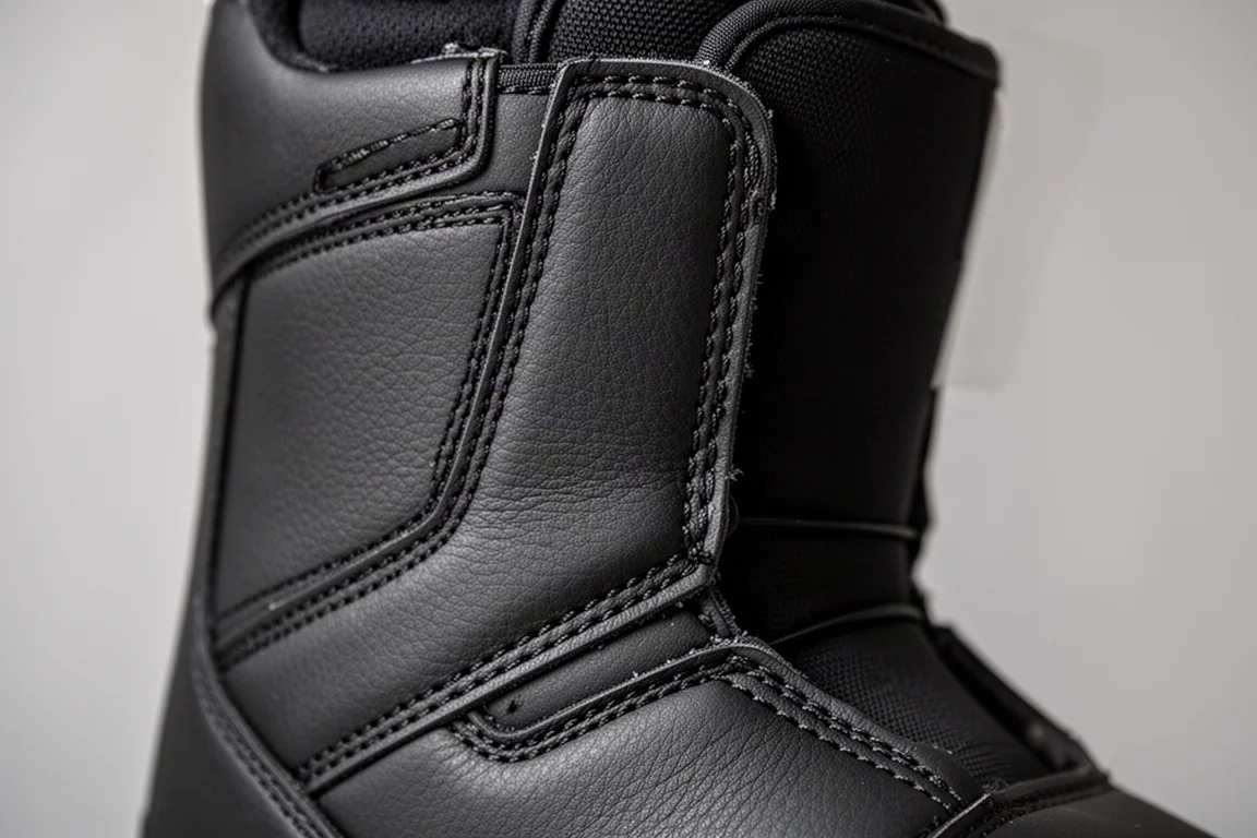Primo piano delle cuciture triple sulla parte superiore di uno snowboard boot