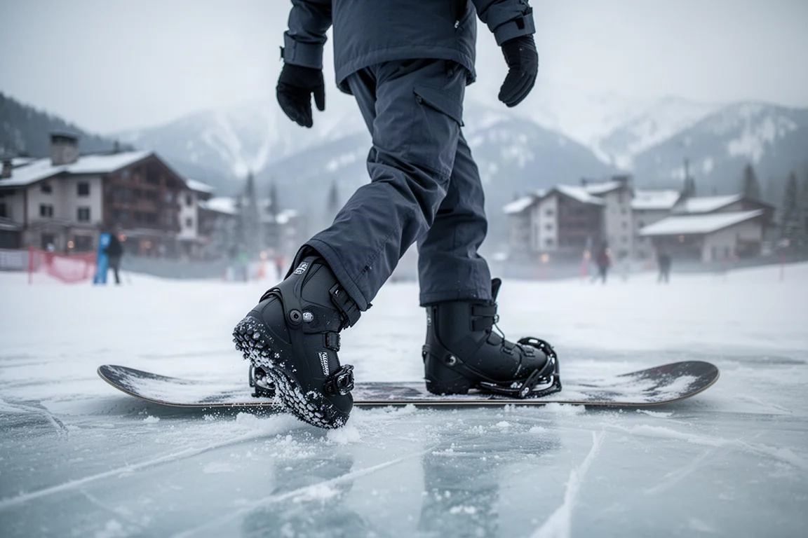 Snowboarder che cammina su un'area ghiacciata alla base con gli snowboard boot