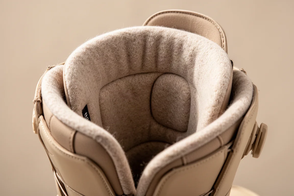 Interno del liner di uno snowboard boot con fodera in lana e talloniera