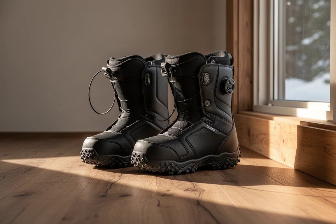 Snowboard boot appoggiati su un pavimento di legno in un rifugio