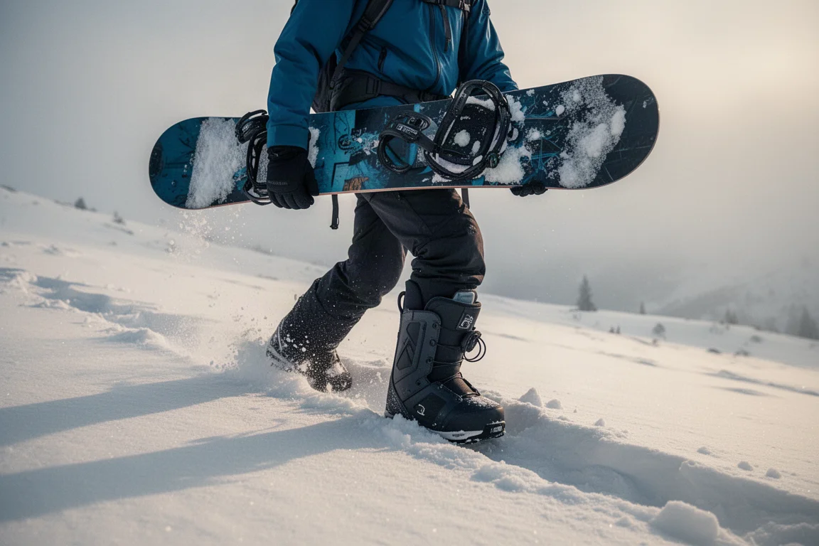 Snowboarder caminando por nieve profunda con una bota robusta