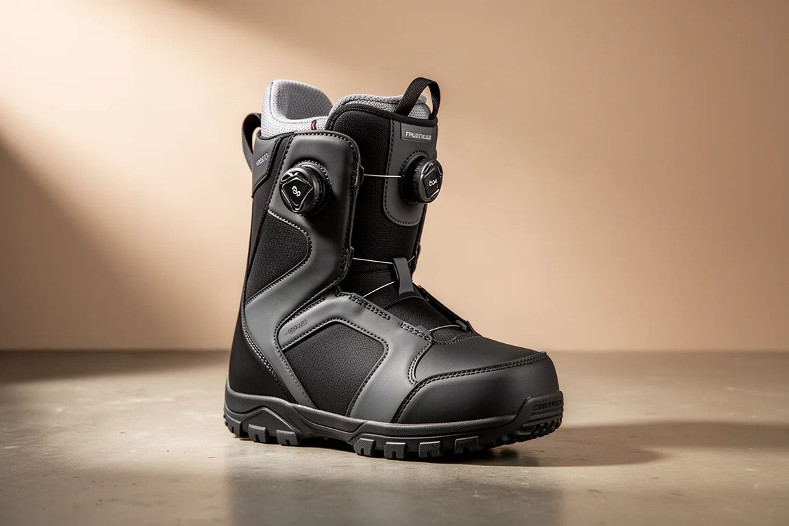 Bota de snowboard negra con diales Boa dobles sobre una superficie de hormigón