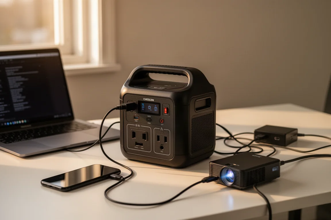 Power station compacta sobre uma mesa carregando um notebook, um celular e pequenos dispositivos
