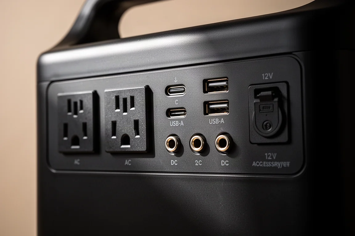 Close-up das portas da power station, incluindo tomadas AC, USB-C, USB-A e saídas DC