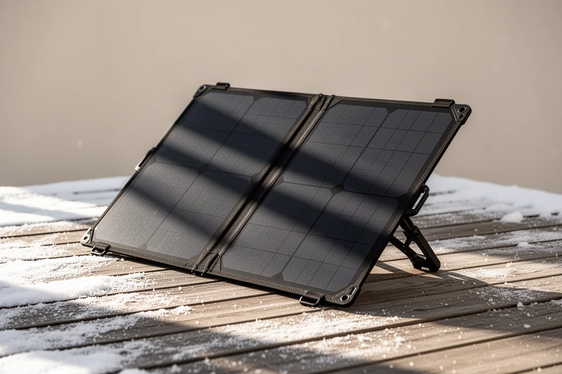 Painel solar dobrável apoiado em pés ajustáveis voltado para o sol forte