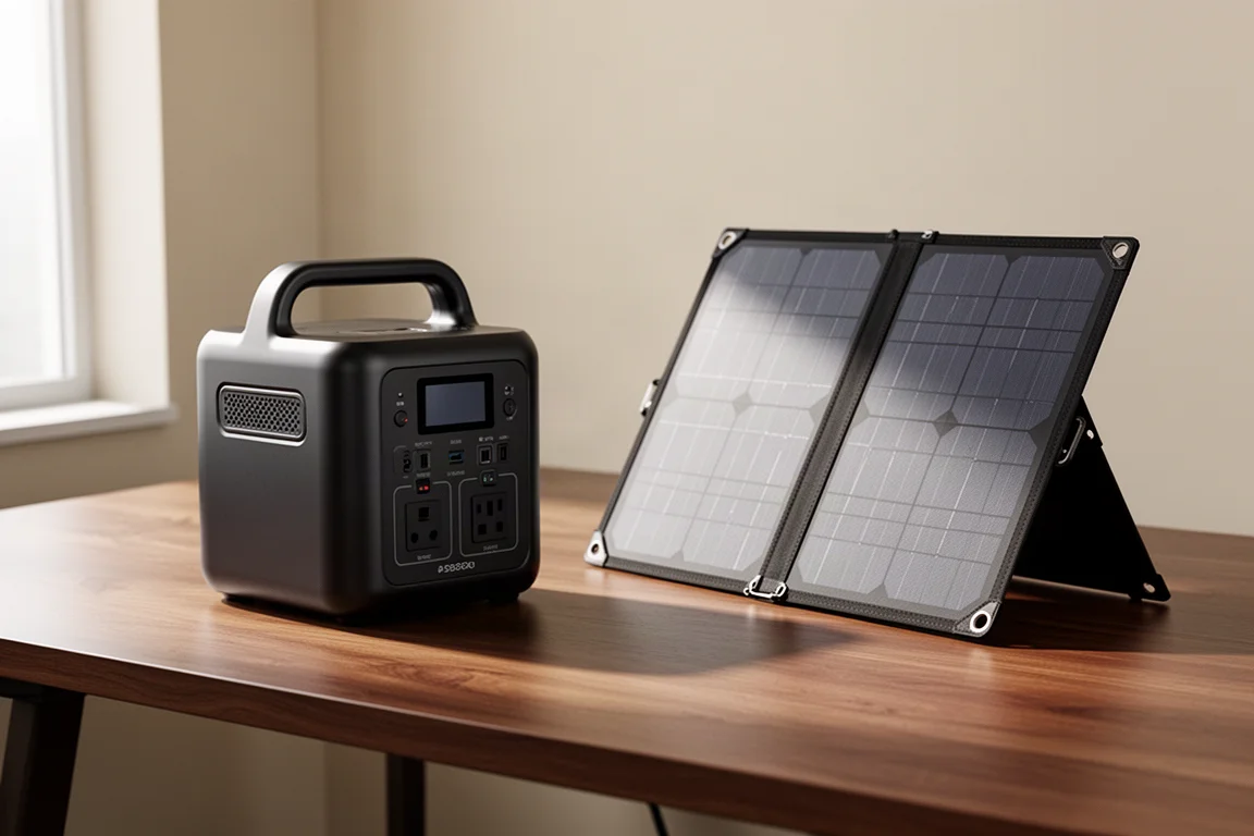 Przenośna elektrownia Vantic i składany panel solarny ustawione na drewnianym biurku