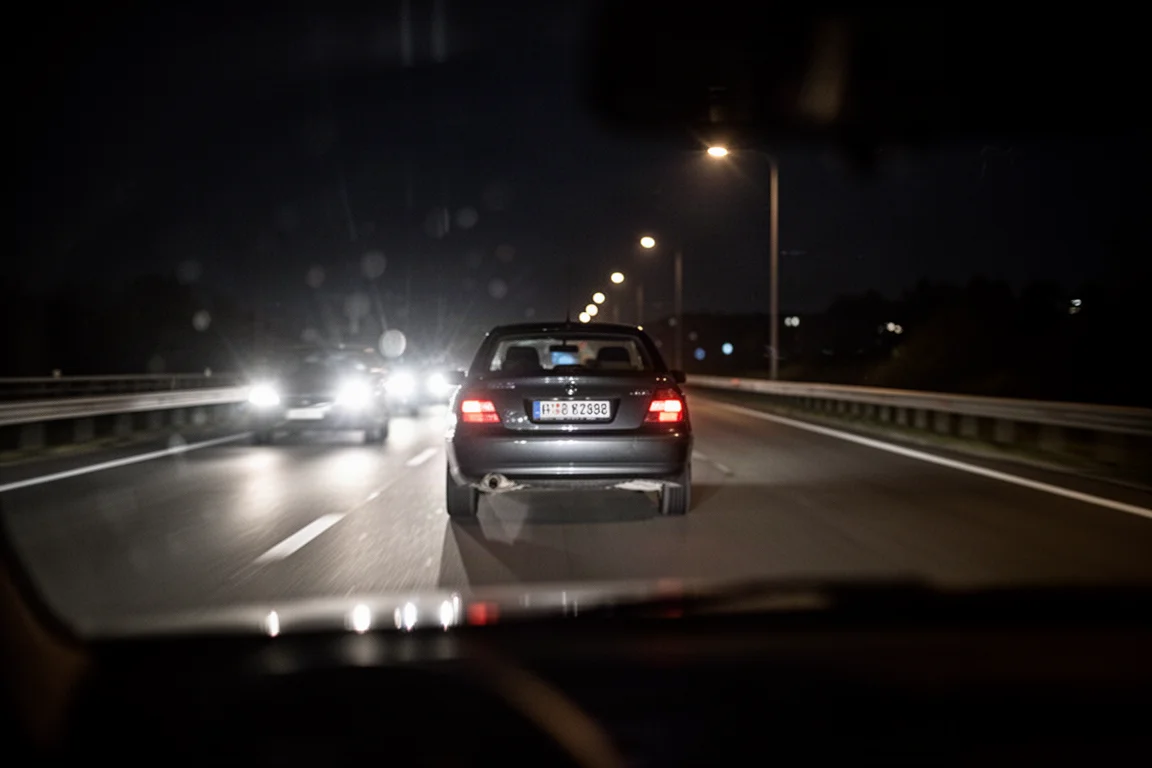 Scena notturna in autostrada con fari e targhe illuminanti in condizioni di scarsa luce