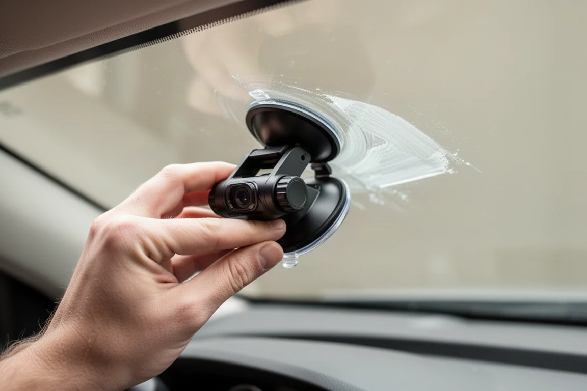 Base della dash cam autoadesiva posizionata su un parabrezza pulito
