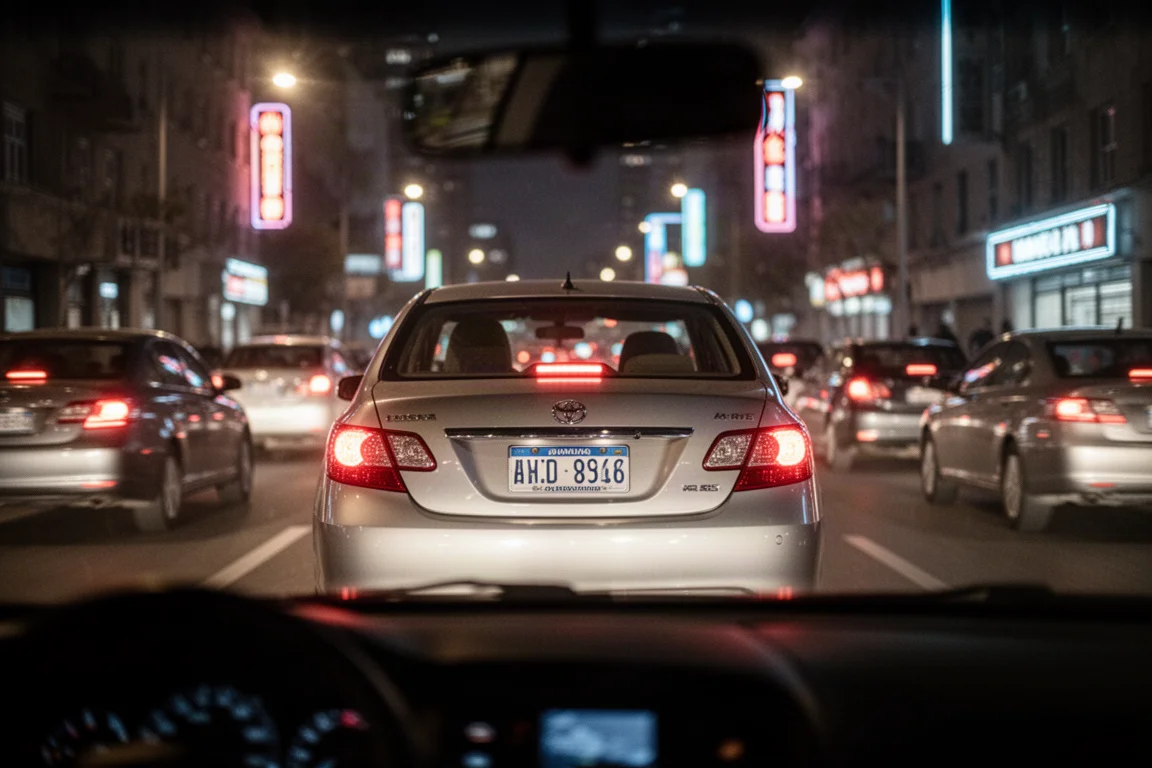 透過擋風玻璃拍攝的夜間市區車流,車牌清晰可讀