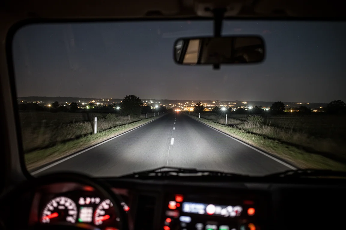 Vista a través del parabrisas de noche con los faros iluminando una carretera rural oscura