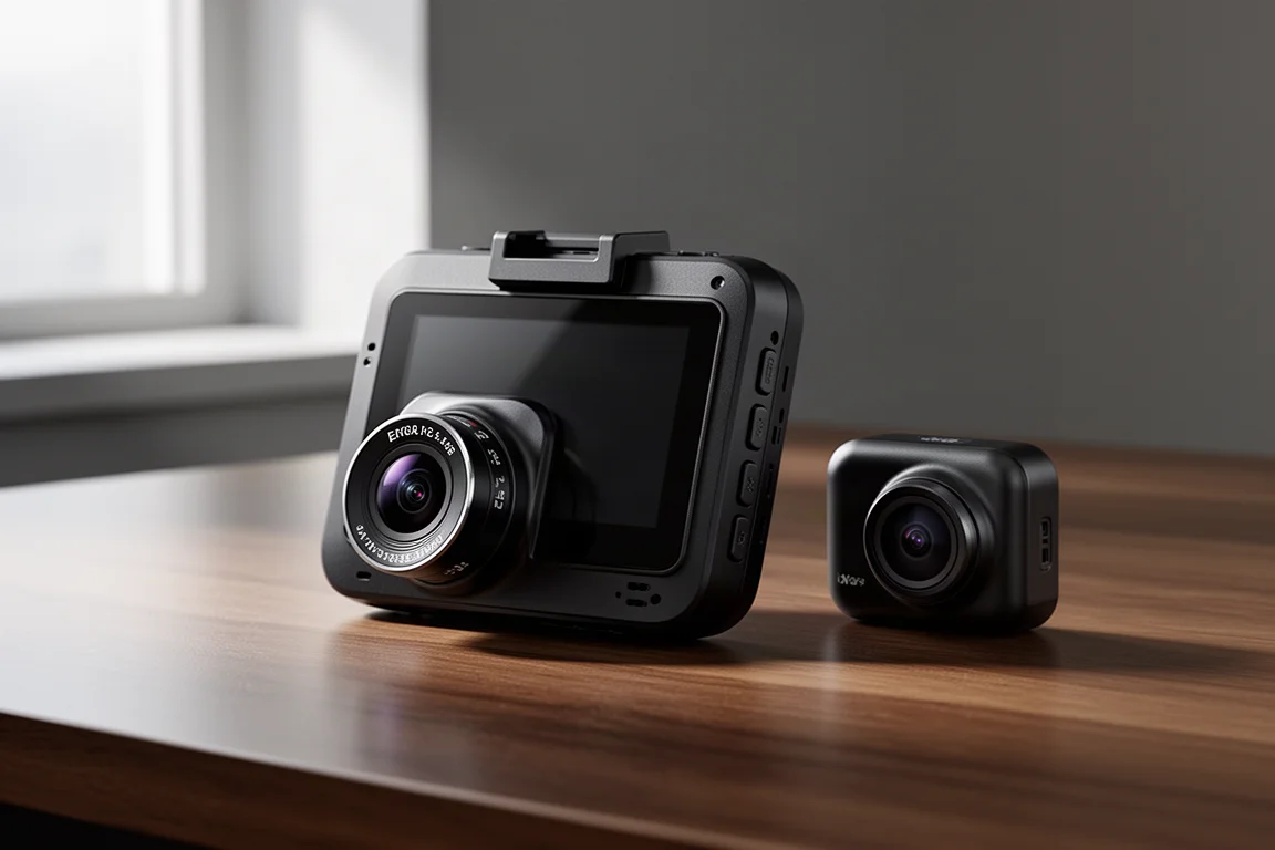 Vantrue N4 Pro dash cam and rear camera unit on a wooden desk surface