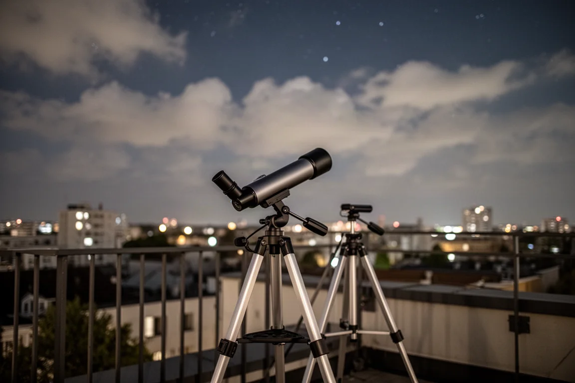 智慧望遠鏡在夜晚陽台上指向多雲的天空