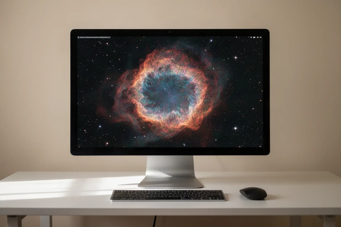 電腦螢幕上顯示處理後的行星狀星雲天文攝影影像