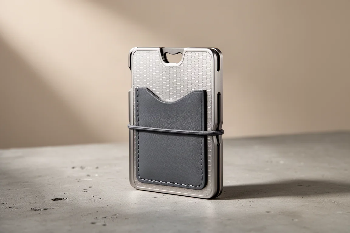 Vargo Titanium Hinge Wallet with titanium plate and leather card pocket on concrete