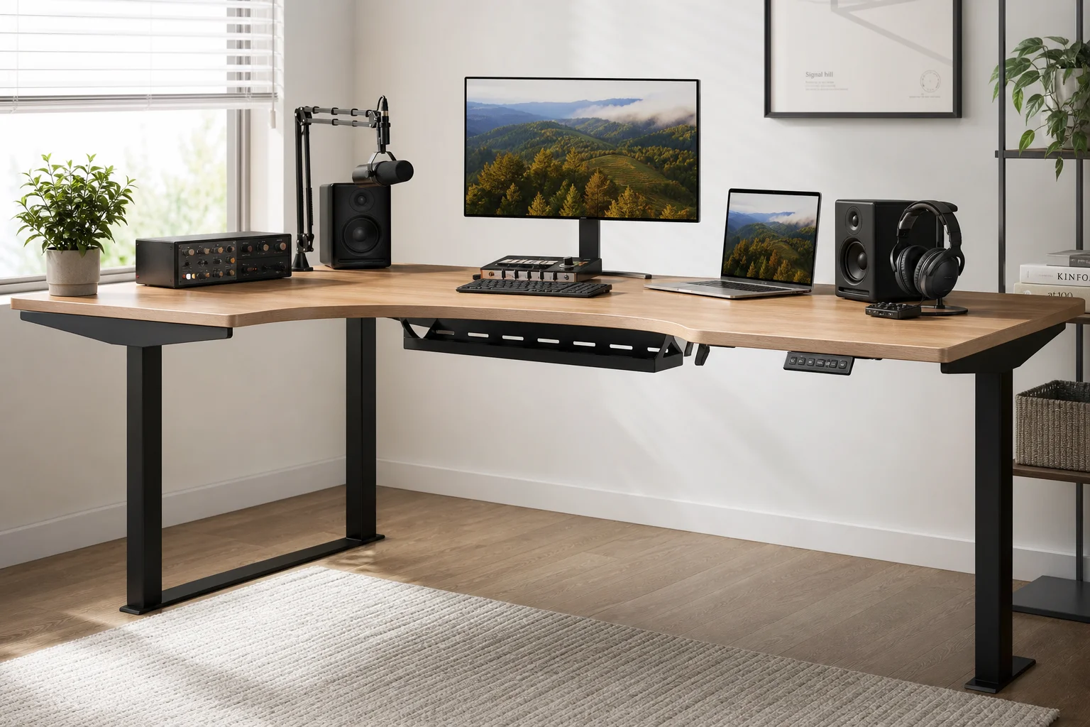 L-shaped desk with dual monitor setup and studio equipment in a modern home office