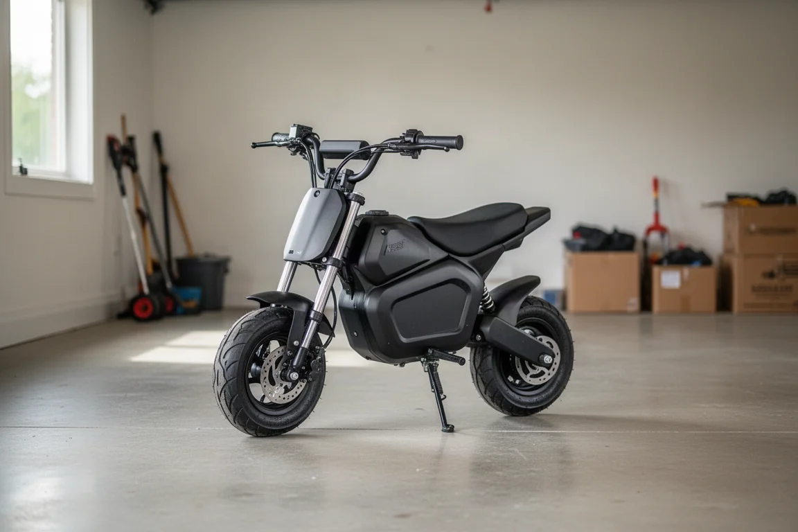 Compact electric pit bike standing on a concrete surface in a garage