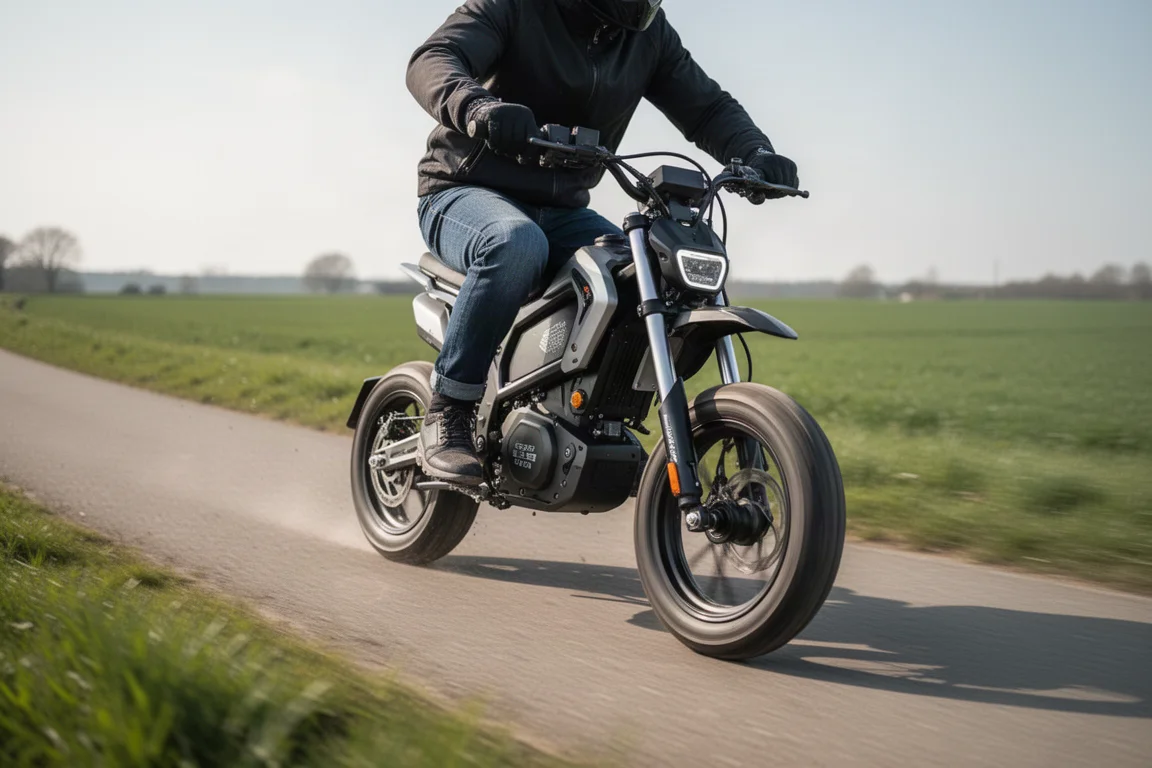 Rider leaning into a turn on a narrow paved road on an electric pit bike