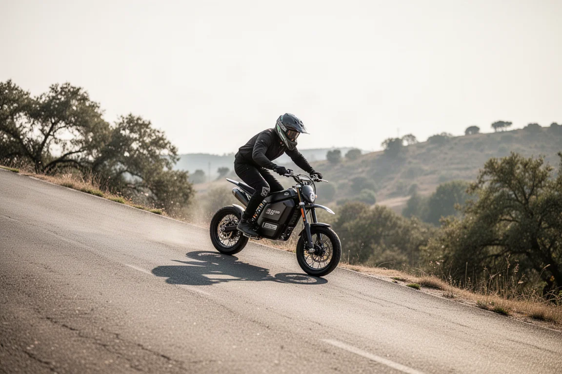 Electric pit bike climbing a steep paved hill with a rider in a tucked position