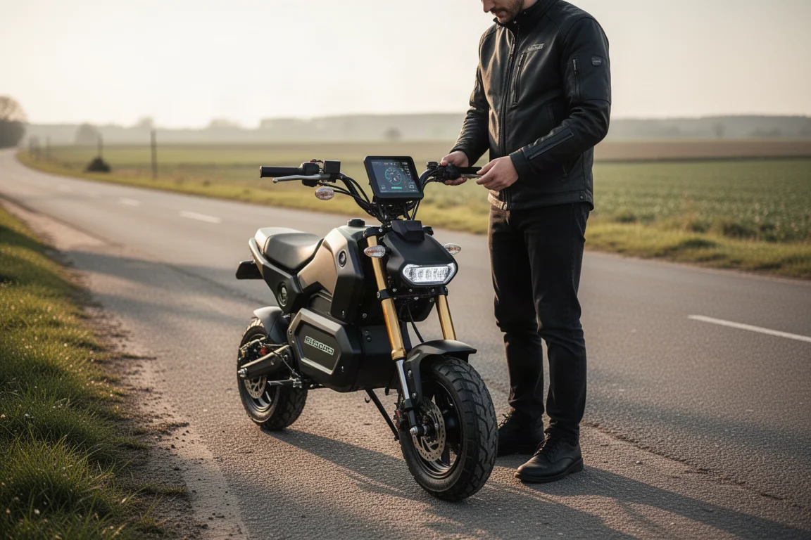 Electric pit bike parked on a roadside with a rider checking the battery display
