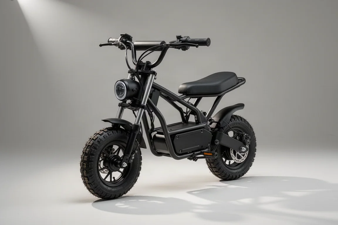 Varla Atom VM1 electric pit bike with matte black frame on grey backdrop