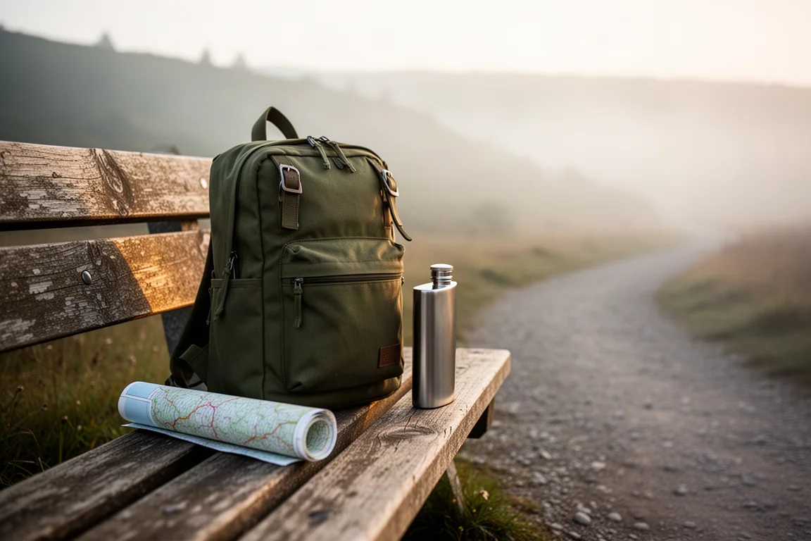Mochila de día compacta apoyada en una roca junto al sendero, junto a una botella de agua y un mapa