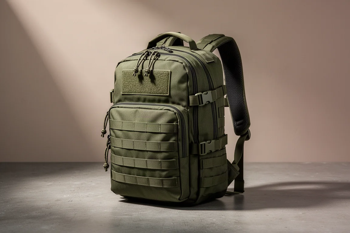 Olive green tactical-style 20-litre daypack standing upright on a concrete surface
