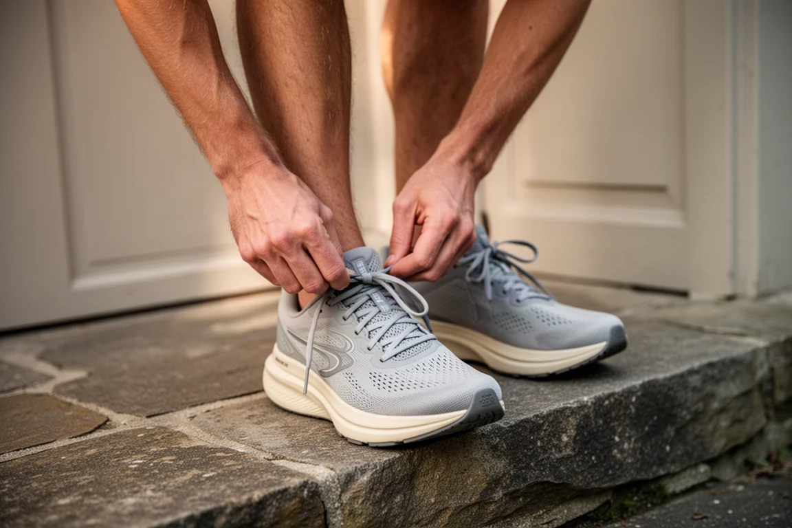 Läufer schnürt auf einer Haustürschwelle einen gedämpften Laufschuh vor einem lockeren Morgallauf