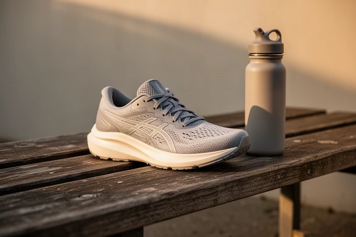 Laufschuh in der goldenen Stunde auf einer Holzbank neben einer Wasserflasche